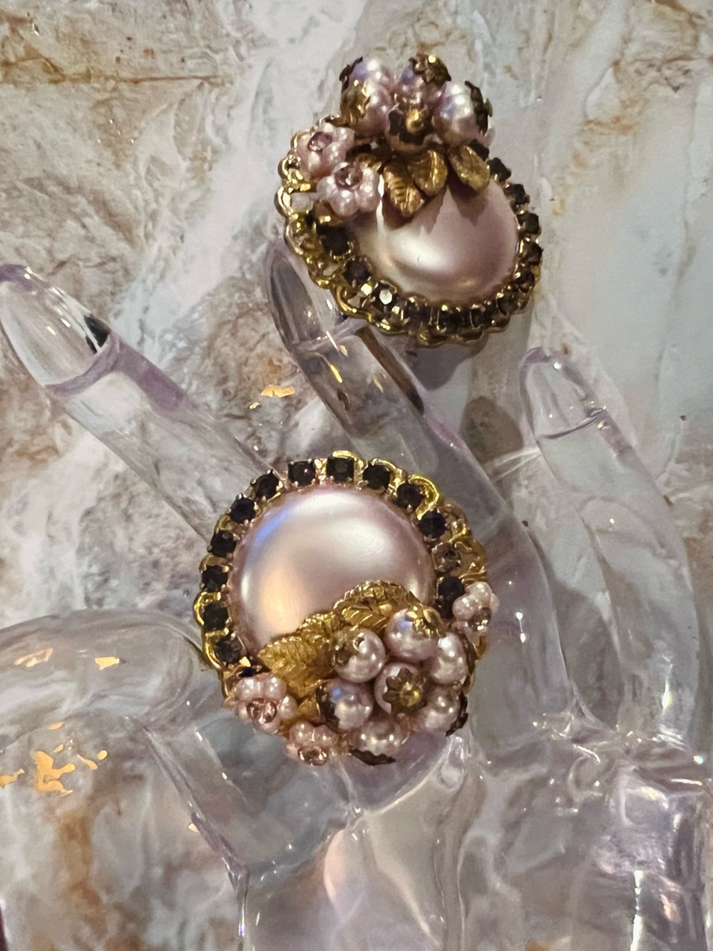 1950𝓈 Miriam Haskell Lavender Pearl Rhinestone Earrings